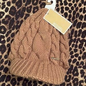 Brand New Michael Kors Cable Knit Winter Beanie Hat w/ Rib Brim Bill Camel